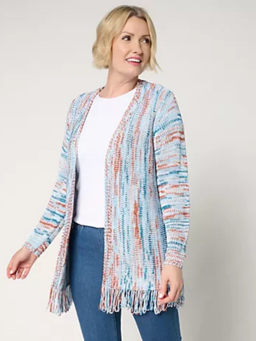 Denim & Co. Cayon Retreat Petite Fringe Sweater Cardigan, Sz PL a701350
